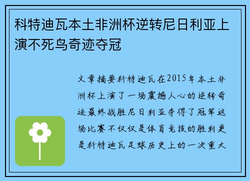 科特迪瓦本土非洲杯逆转尼日利亚上演不死鸟奇迹夺冠 科特迪瓦本土非洲杯逆转尼日利亚上演不死鸟奇迹夺冠