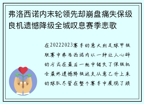 弗洛西诺内末轮领先却崩盘痛失保级良机遗憾降级全城叹息赛季悲歌